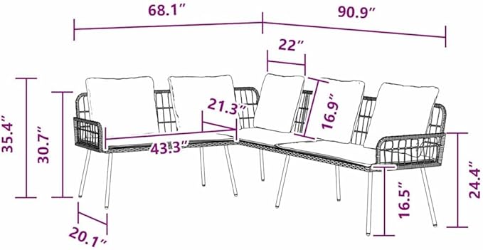 Outdoor Patio Sofa Brown PE Rattan Small Couch 90.9x68.1x30.7 in Metal Frame with Bench Cushion Modern L-Shaped Garden Furniture for Garden Balcony Deck