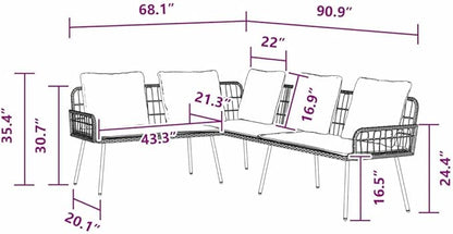 3-Seat L-Shape Outdoor Sofa, Gray PE Rattan Patio Couch with Bench Cushion, 90.9 x 68.1 inch Metal Frame, Modern Low-Profile Design for Garden, Deck, Balcony