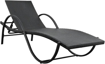 76" Outdoor Chaise Lounge, All-Weather Rattan, 5-Position Backrest, Steel Frame, Black/Cream Cushion, Patio Pool Garden