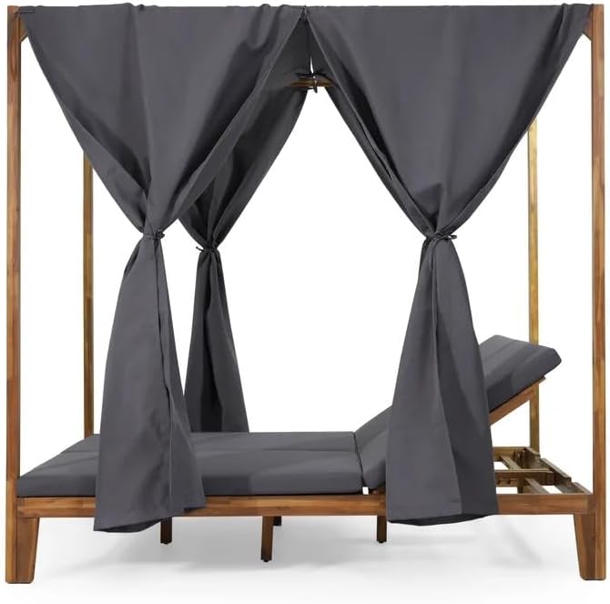 Christopher Knight Home Kenzie Acacia Wood Outdoor Daybed with Canopy, Double Chaise Lounge Chair Outdoor with Cushion - Photo 5