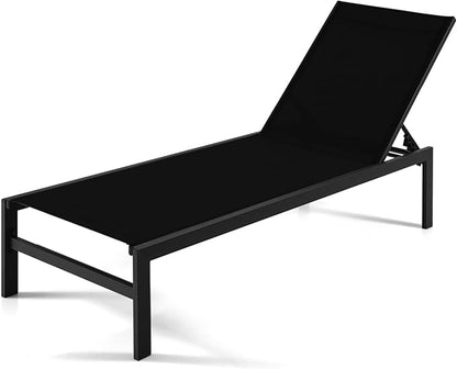 COSTWAY Lounge Chair Outdoor, Aluminum Frame Chaise Lounge with 6-Position Adjustable, Breathable Fabric, Lightweight Patio Pool Lounger for Tanning (1, Black)