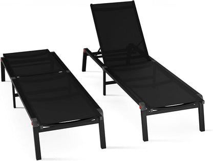 Aluminum Chaise Foldable Patio Lounge Chair Outdoor, Metal Deck Lounger Adjustable 5-Position Recliner Pool Chase Breathable Full Flat Outside Sun Tanning Chairs for Beach/Poolside/Lawn(Black, 2 Pack)