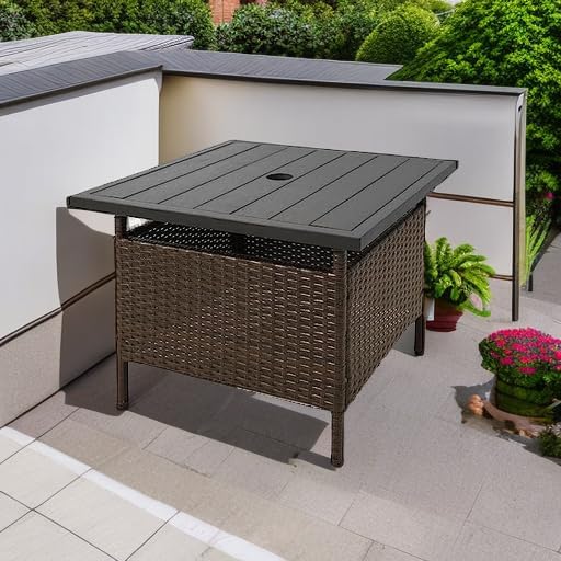 Tangkula Outdoor Wicker Table, Rattan Coffee Table with Umbrella Insert Hole, HDPE Tabletop & Sturdy Metal Frame, Patio Umbrella Side Table Stand for Backyard, Garden, Poolside (Mix Brown)