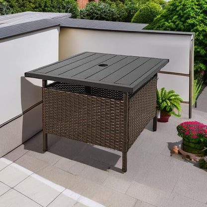 Tangkula Outdoor Wicker Table, Rattan Coffee Table with Umbrella Insert Hole, HDPE Tabletop & Sturdy Metal Frame, Patio Umbrella Side Table Stand for Backyard, Garden, Poolside (Mix Brown)