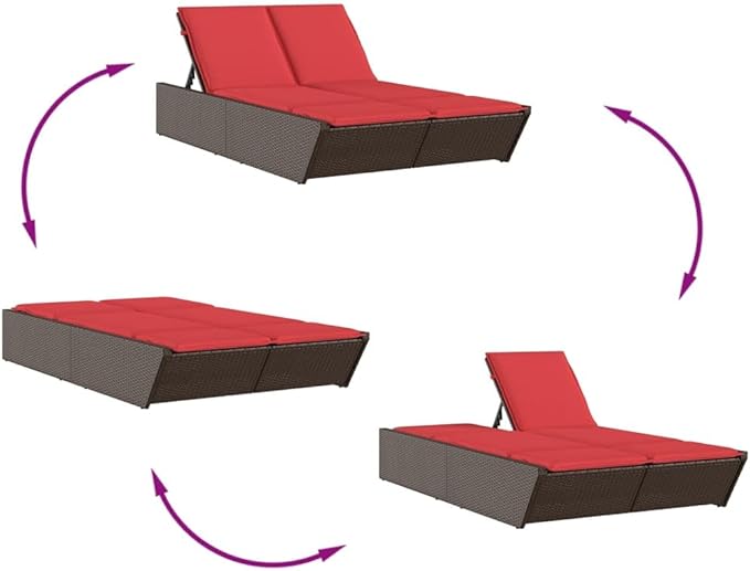Brown PE Rattan Double Outdoor Lounge Chair 78.7×46.5×32.7in Adjustable Backrest Chaise for Patio Garden Poolside 2-Person Sun Lounger Powder-Coated Frame Easy-Clean Cushions