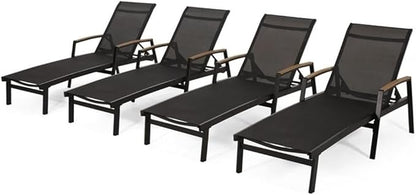Teresa Outdoor Aluminum Chaise Lounge with Mesh Seating (Set of 4), Black