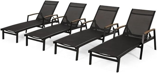 Teresa Outdoor Aluminum Chaise Lounge with Mesh Seating (Set of 4), Black