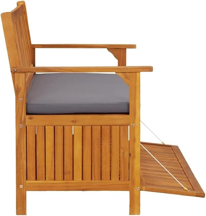 BOWERY HILL Solid Acacia Wood Storage Bench, 47.2 x 24.8 x 33.1 in, Natural Wood Finish, Dark Grey Cushion, Rectangular Outdoor/Indoor Seating and Storage for Garden, Hallway, or Balcony Use