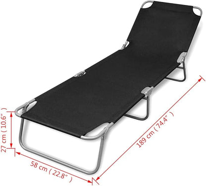 Sun Lounger Black Powder-Coated Steel Beach Chair Patio Sunbed for Balcony Yard 74.4 in Long Foldable