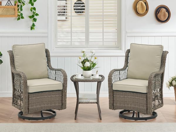 GAOMON 3 Piece Outdoor Patio Set, Wicker Rocking Bistro Set with 2 Swivel Chairs & Tempered Glass Top Table - Photo 8