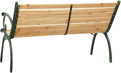 Solid Firwood Garden Bench with Cast Iron Frame 48.4 Inches Wide for Outdoor Patio Seating, Natural Wood Finish Durable and Sturdy Construction for Three Adults