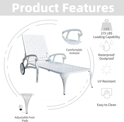 Chaise Outdoor Aluminum Lounge Chair with Wheels, 3-Position Adjustable Recliner Furniture Set for Poolside, Backyard and Patio (1pc, White)