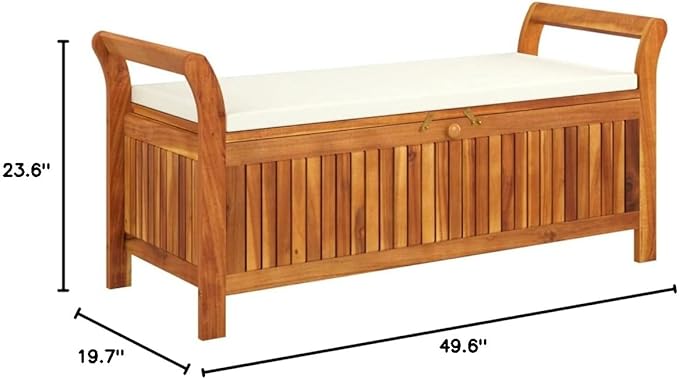 Patio Storage Bench with Cushion 49.6" Solid Wood Acacia Porch Bench Garden Bench Outdoor Bench Deck Bench for patios, Gardens, Decks