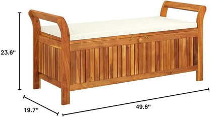 Patio Storage Bench with Cushion 49.6" Solid Wood Acacia Porch Bench Garden Bench Outdoor Bench Deck Bench for patios, Gardens, Decks