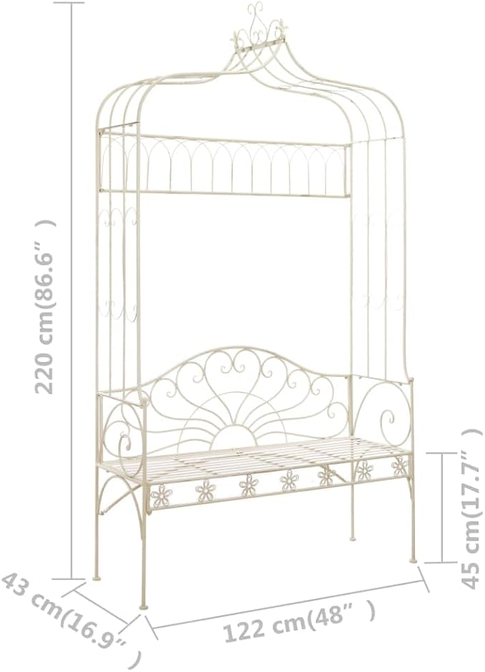 Antique White Wrought Iron Garden Bench for Outdoor Patio and Backyard, Comfortable Seating for Two, Durable Metal Furniture with Classic Design, 48 Inch Long Standard Bench
