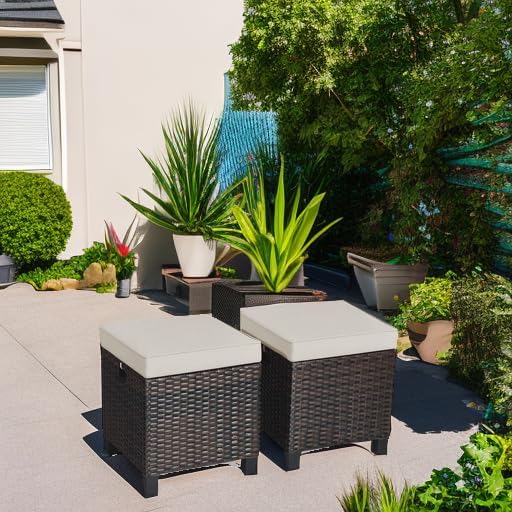Tangkula 2 Pieces Outdoor Patio Ottoman, All Weather Rattan Wicker Ottoman Seat, Patio Rattan Furniture - Photo 6