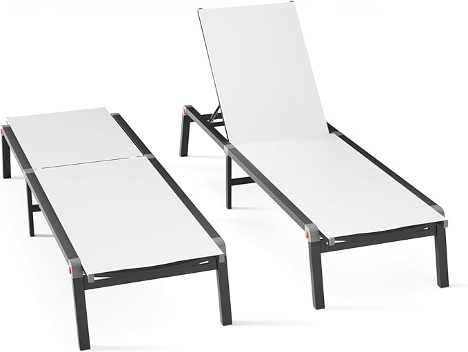 Aluminum Chaise Foldable Patio Lounge Chair Outdoor, Metal Deck Lounger Adjustable 5-Position Recliner Pool Chase Breathable Full Flat Outside Sun Tanning Chairs for Beach/Poolside/Lawn(White, 2Pack)
