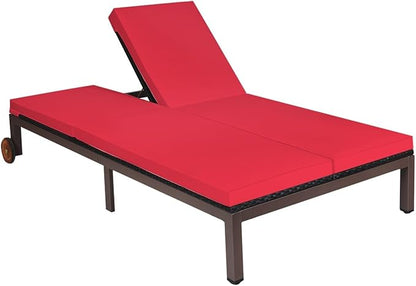 HAPPYGRILL 2-Person Patio Lounge with Wheels, Rattan Wicker Chaise Lounge Chair with Adjustable Backrest, Outdoor Daybed with Cushion for Garden Lawn Backyard