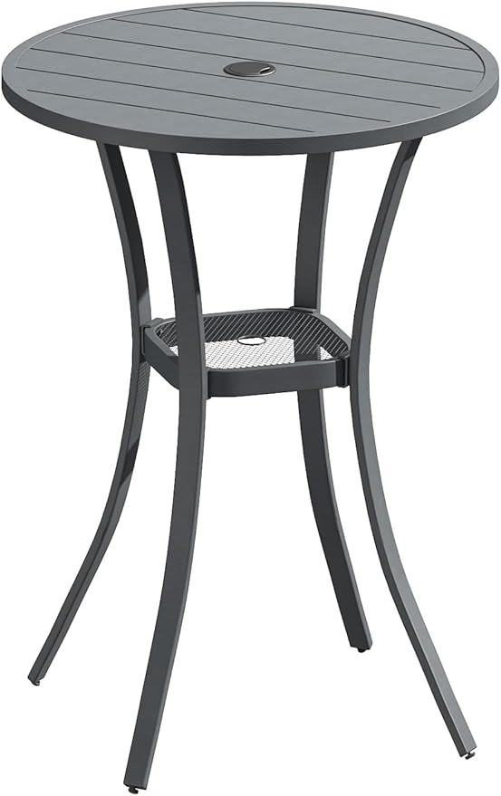VICLLAX 28" Round Outdoor Bar Table with Adjustable Umbrella Hole, Counter Height Outdoor Furniture for Balcony, Grey Wood-Like