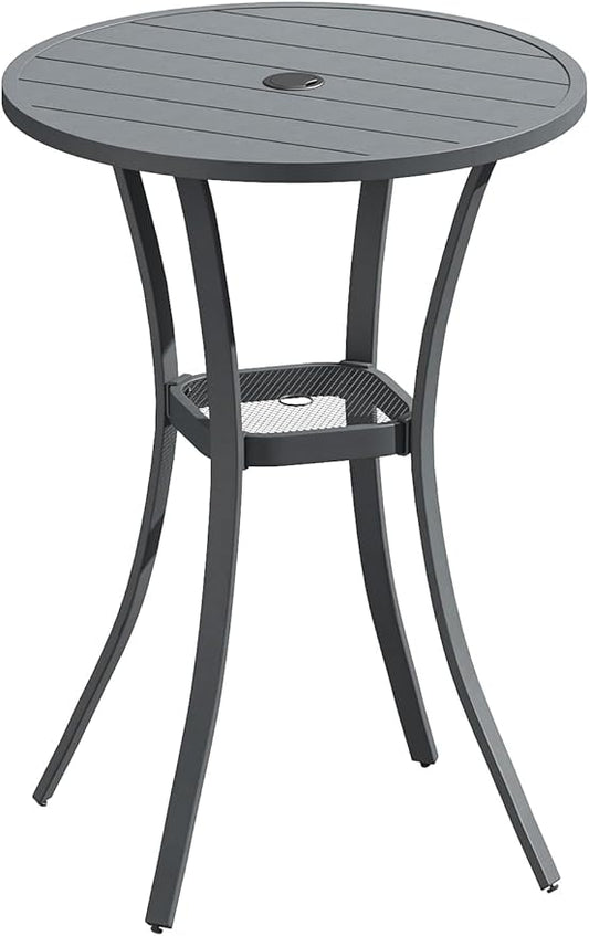 VICLLAX 28" Round Outdoor Bar Table with Adjustable Umbrella Hole, Counter Height Outdoor Furniture for Balcony, Grey Wood-Like