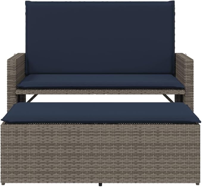 Garden Bench Deck Bench Patio Bench with Cushions and Footstool Gray Poly Rattan
