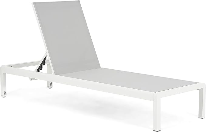 Christopher Knight Home Set of 2 Berton Outdoor Mesh Seat Chaise Lounge Chairs, Patio Adjustable Aluminum Frame Single Lounge Sofa, Poolside/Garden/Backyard Seating, All-Weather Furntiure, Gray+White