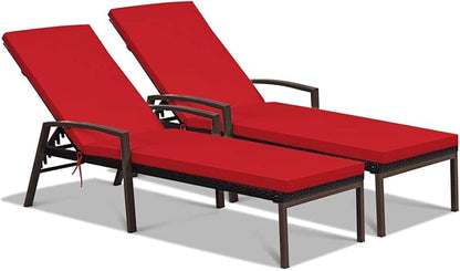 Tangkula 2 PCS Patio Rattan Chaise Lounge Chair, Outdoor Reclining Chaise with Cushion and Armrest, Wicker Sun Lounger with Adjustable Backrest for Garden, Balcony, Poolside