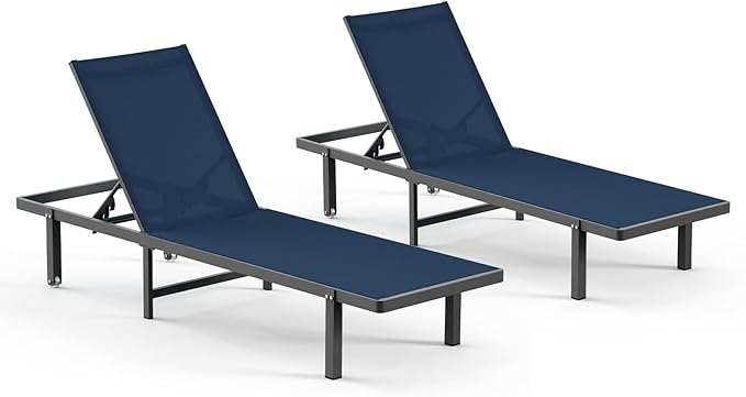 Aluminum Outdoor Lounge Chairs Set of 2, Pool Lounge Chairs with Wheels and 5-Position Recliner -Easy to Move- Patio Chaise Lounge Outdoor for Poolside, Deck, Beach (NavyBlue)