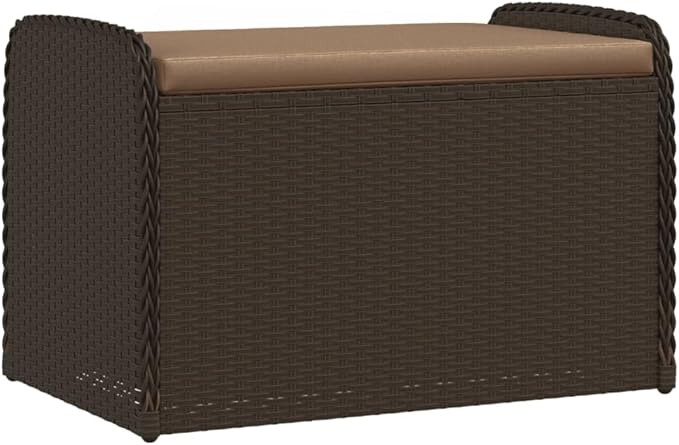 vidaXL Brown Poly Rattan Storage Bench with Cushion - Outdoor Garden Seating & Organization, UV/Weather-Resistant, with Water-Resistant Bag