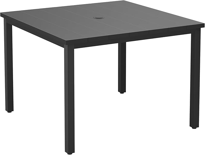 DIFY 40.2" Square Outdoor Dining Table for 4, Slatted Metal Patio Table with Adjustable Umbrella Hole, All-Weather Patio Dining Table for Garden Backyard Deck, Black Tabletop