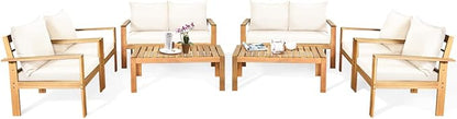 COSTWAY 8 Pieces Outdoor Acacia Wood Sofa Set, Outdoor Conversation Sofa Set with Table & Cushions Porch Chairs for Garden, Patio, Deck