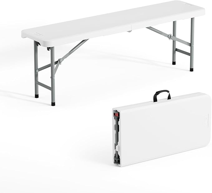 VINGLI 6 feet Plastic Folding Bench,Portable in/Outdoor Picnic Party Camping Dining Seat, Garden Soccer Multipurpose Entertaining Activities, Smooth HDPE Tabletop (1, White, 4ft)