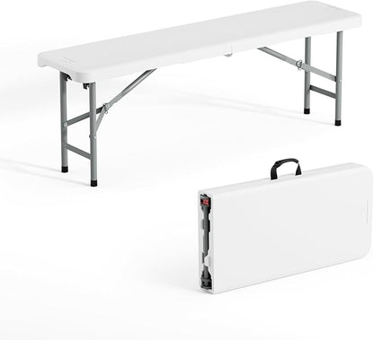 VINGLI 6 feet Plastic Folding Bench,Portable in/Outdoor Picnic Party Camping Dining Seat, Garden Soccer Multipurpose Entertaining Activities, Smooth HDPE Tabletop (1, White, 4ft)