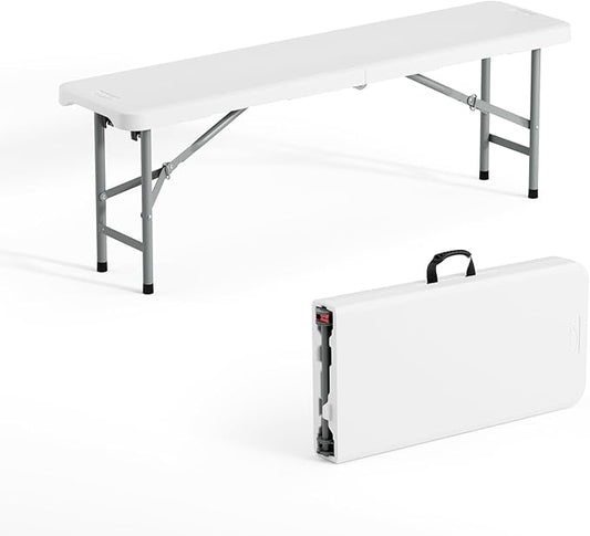 VINGLI 6 feet Plastic Folding Bench,Portable in/Outdoor Picnic Party Camping Dining Seat, Garden Soccer Multipurpose Entertaining Activities, Smooth HDPE Tabletop (1, White, 4ft)