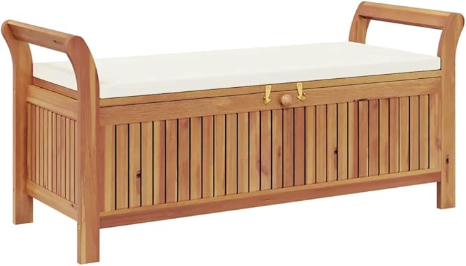 Cream White Outdoor Storage Bench Solid Acacia Wood Garden Patio Furniture with Cushion for 2 People 49.6 Inch Long