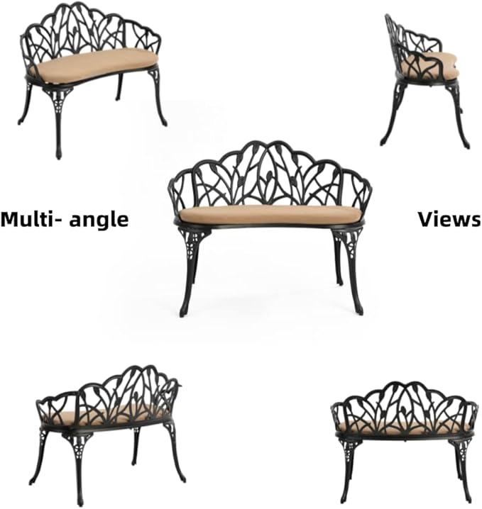 Patio Aluminum Outdoor Bench with Soft Cushion, Garden Metal Loveseat Furniture, Leaf Carving Antique Black Front Porch Chair Seat