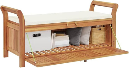 Outdoor Storage Bench with Cushion, Acacia Wood Garden Seat for Patio, Balcony, and Backyard, Weather-Resistant, Spacious Storage Compartment, Easy Assembly