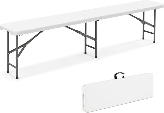 Giantex 6 FT Plastic Folding Bench, HDPE Portable Seat w/Metal Legs, Fold-in-Half Outdoor Bench for Picnic, Garden, Camping, Party Sport Events, 1320 lbs Capacity, No Assembly (1, White)