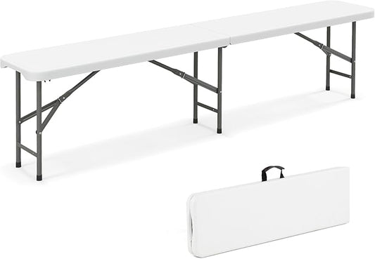 Giantex 6 FT Plastic Folding Bench, HDPE Portable Seat w/Metal Legs, Fold-in-Half Outdoor Bench for Picnic, Garden, Camping, Party Sport Events, 1320 lbs Capacity, No Assembly (1, White)