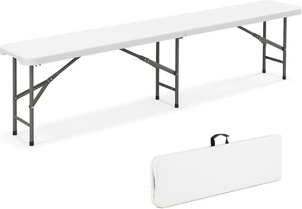 Giantex 6 FT Plastic Folding Bench, HDPE Portable Seat w/Metal Legs, Fold-in-Half Outdoor Bench for Picnic, Garden, Camping, Party Sport Events, 1320 lbs Capacity, No Assembly (1, White)