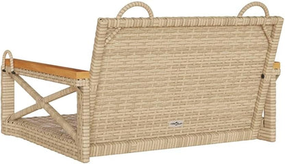 Outdoor Wicker Swing Bench, Rattan Hanging Chair for Patio Garden Balcony, Beige Single Person Seat with Powder-Coated Steel Frame