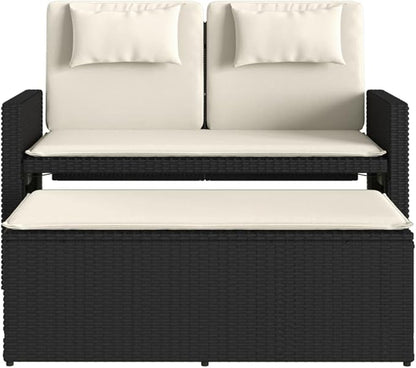 Reclining Patio Bench with Cushions Black Poly Rattan Garden Bench Deck Bench Porch Bench Outdoor Bench for patios, Gardens, Decks