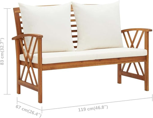 Garden Bench Cream White and Natural Wood Acacia Outdoor Seating for Patio Balcony with Removable Cushions Comfortable Retro Design