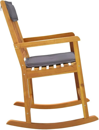 Dark Grey Rocking Chair with Natural Solid Acacia Wood Frame and Polyester Foam Cushions, 1 Piece Modern Patio Seating for Indoor Outdoor Relaxation, Durable Comfortable