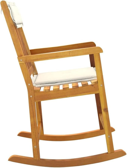Solid Acacia Wood Rocking Chair with Soft Cushions, Indoor Outdoor Patio Rocker for Living Room, Garden, Porch, Ergonomic Comfort Cream White