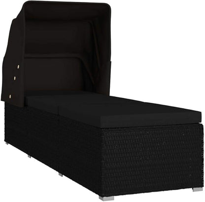 (Fast Shipments) Outdoor Rattan Chaise Lounge Chair Set with Retractable Canopy, All Weather Furniture for Outside, Pool, Beach Sun Lounger with Canopy and Cushion Poly Rattan Black