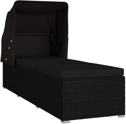 Black Cushioned PE Rattan Sun Lounger with Adjustable Canopy 23.6 x 76.8 x 43.3 in for Outdoor Patio Poolside Garden Deck Relaxation