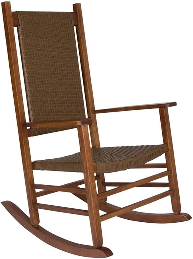 Pemberly Row Traditional Hardwood Outdoor Rocking Chair, Brown Finish, 45.25"H x 27"W x 34"D, Durable Kiln-Dried Wood, Weather-Resistant Porch Rocker, Ergonomic Design for Patio, Garden, or Deck Use
