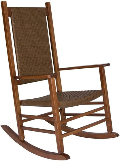 Pemberly Row Traditional Hardwood Outdoor Rocking Chair, Brown Finish, 45.25"H x 27"W x 34"D, Durable Kiln-Dried Wood, Weather-Resistant Porch Rocker, Ergonomic Design for Patio, Garden, or Deck Use