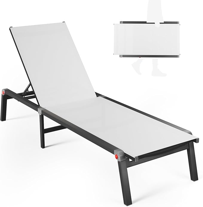 Aluminum Chaise Foldable Patio Lounge Chair Outdoor, Metal Deck Lounger Adjustable 5-Position Recliner Pool Chase Breathable Full Flat Outside Sun Tanning Chairs for Beach/Poolside/Lawn(White, 1Pack)